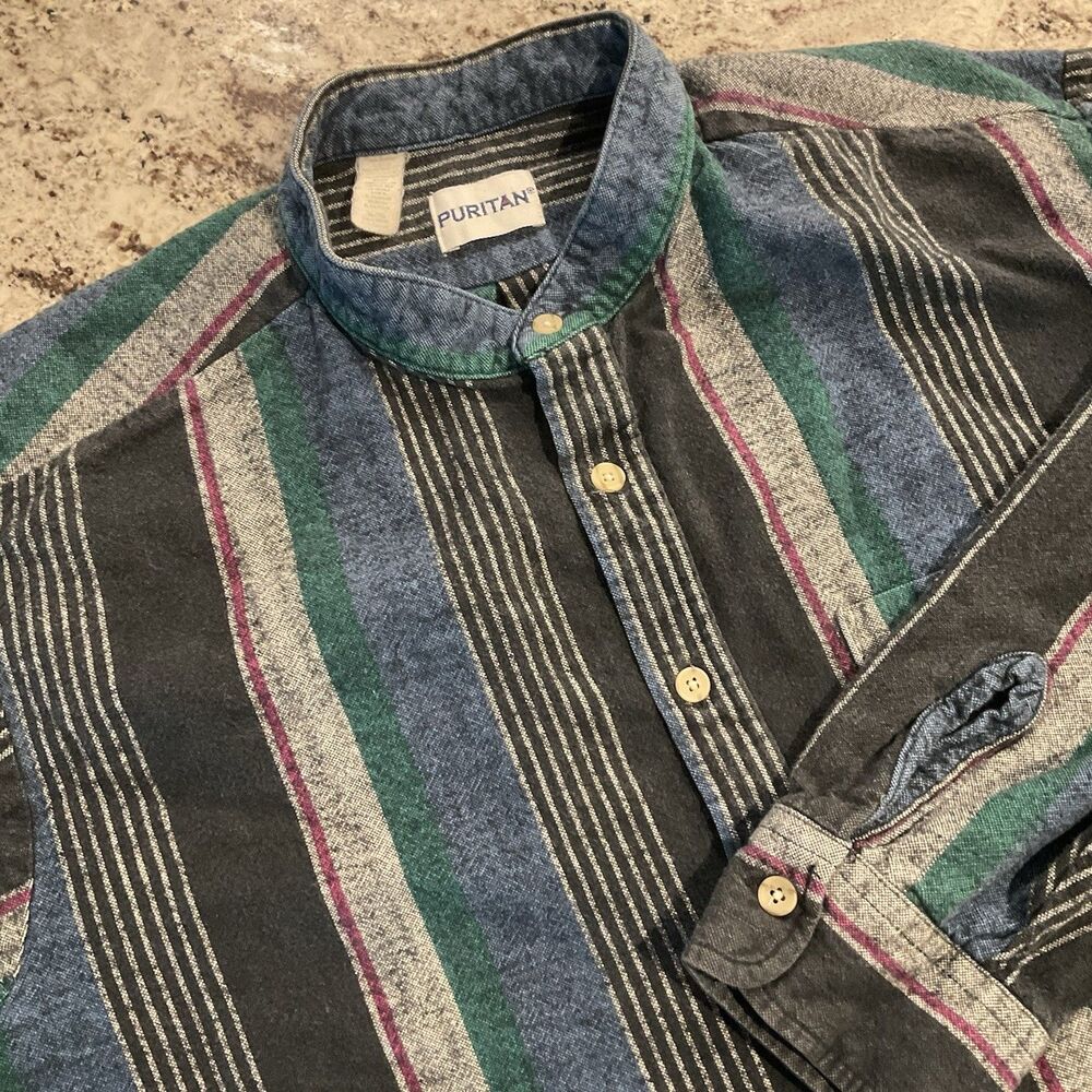 Vintage Shirt Mens XL Blue Striped Band Collar Long Sleeve Button Up Retro 90s